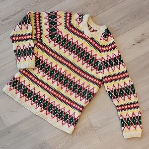 Vintage Wool Handmade Chunky‎ Knit Sweater, Bright Funky Design, Medium
